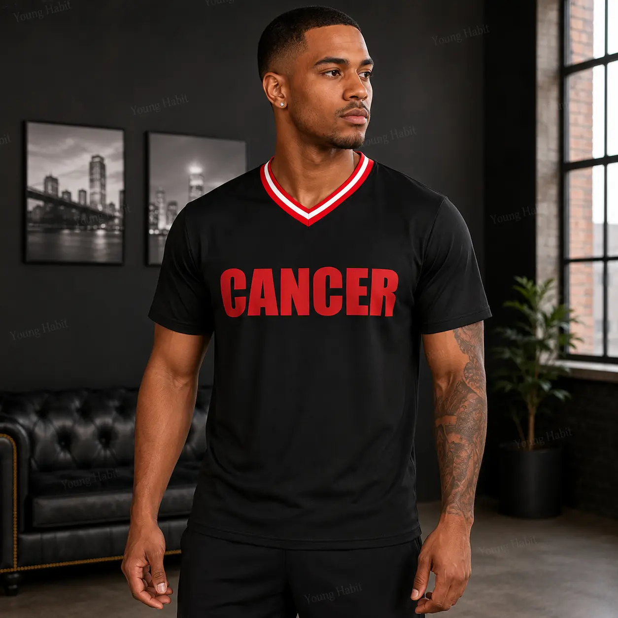 Men's Cancer Zodiac Graphic V Neck T Shirt, Astrology Horoscope Sign Tee, Black Red Short Sleeve Casual Top, Cancer Symbol Front and Back Shirt, Birthday Gift for Cancer Men Women, Summer Streetwear Daily Outfit, Astrological Sign Lover Jersey Tee