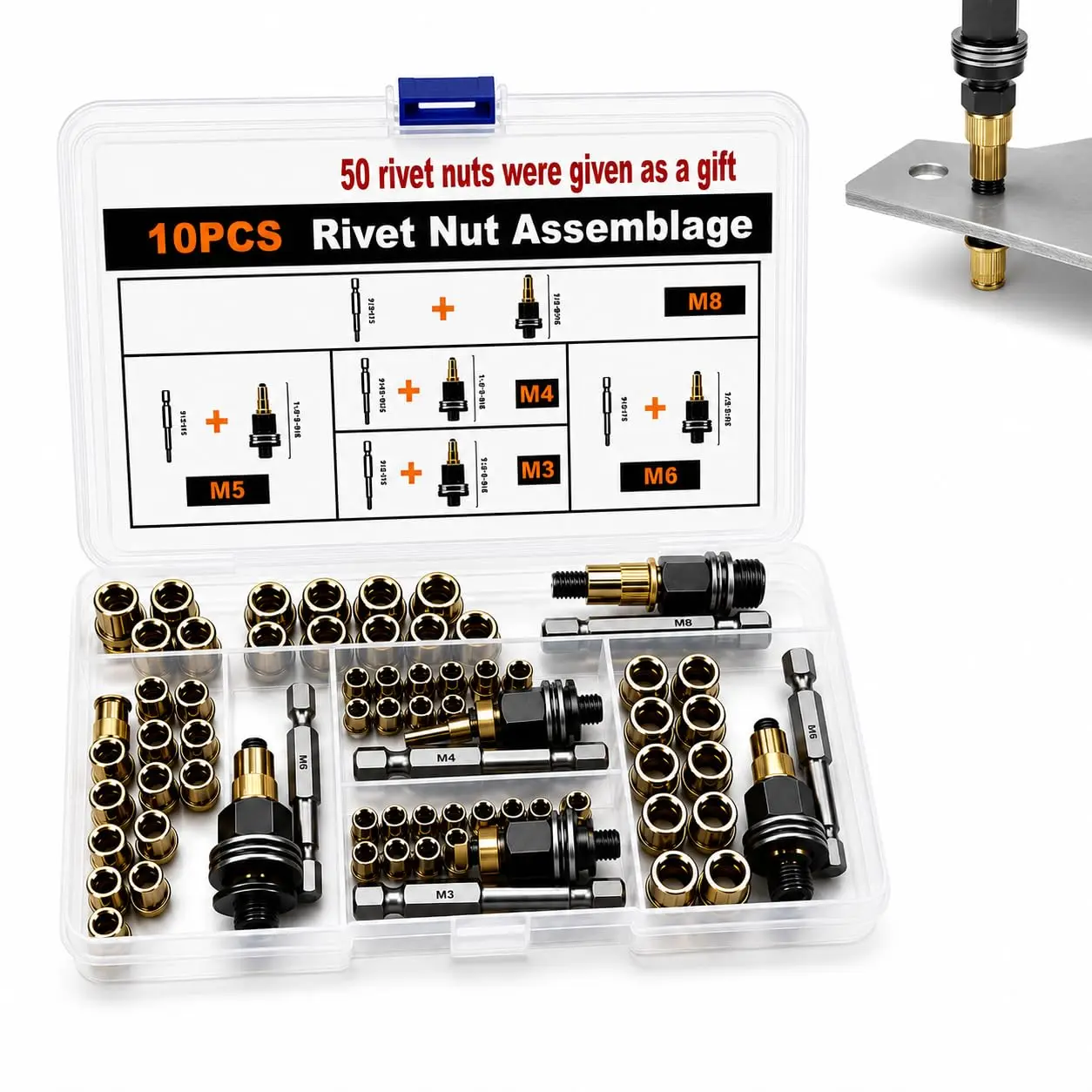 Upgrade Carbon Steel Rivet Nut Tool Set for Mechanics & DIY Users, Drill-Compatible Manual Wrench/Drill Tool Kit for Metal Pipes & Automotive Work, M3-M8 Sizes (60Pcs Rivet Sets)