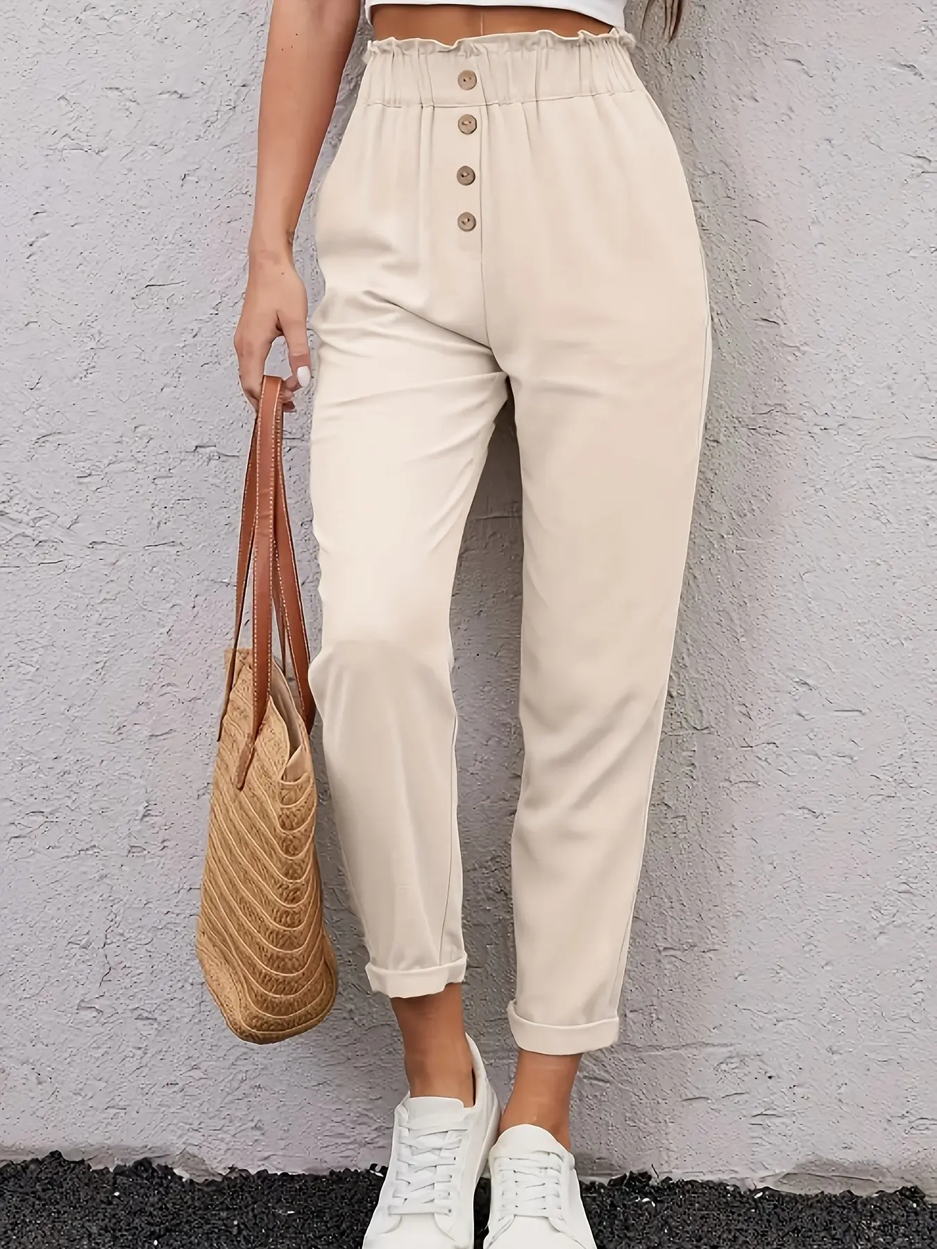 Women's Beige High-Waisted Paperbag Waist Pants Bottom, Button Decor Rolled Cuff Straight Leg Trousers