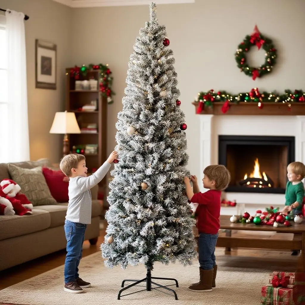 Slim Prelit Flocked Pencil Christmas Tree - 6.5ft/7.5ft Artificial Xmas Tree with 250 LED Lights, 8 Lighting Modes, 586 PVC Branch Hints, Collapsible Stand, Realistic Frosted Pine for Holiday Home Decor