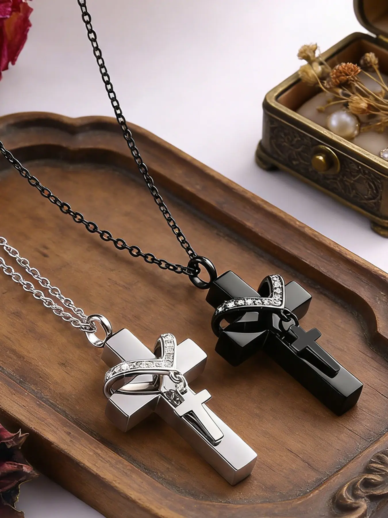 Double Cross Black/Silver Cremation Urn Necklaces That Hold Ashes Of Loved Ones Pendant Keepsake Necklace Cross Jewelry Cremation of Human ash for Women and Mens memorial crosses urns Nexklace