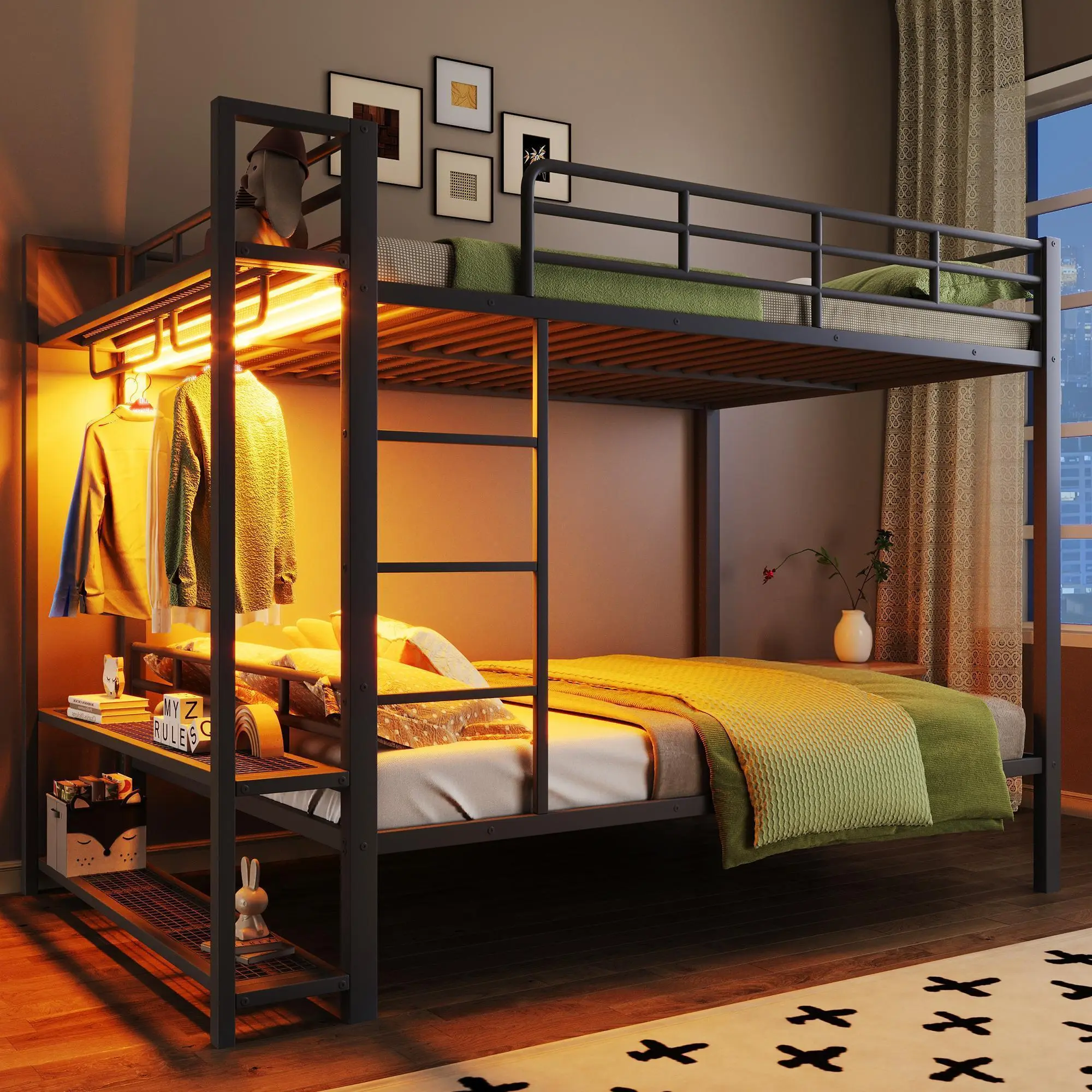 ARCH Full Size Metal Bunk Bed with LED Light Strips, Storage Shelves and Clothes Hooks, Black, Sturdy Frame for Kids Teens Adults, Space-Saving Bedroom Furniture with Mesh Shelves and App-Controlled Lighting, Full Size Options, Black Color Options