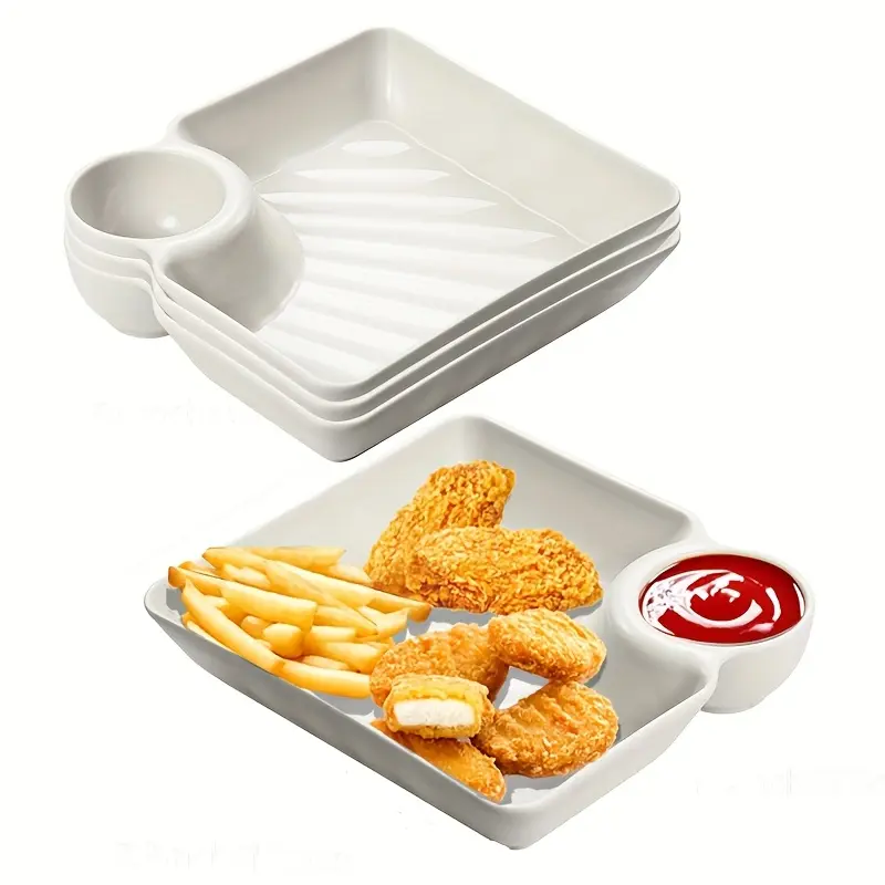 4pcs Plastic Dinner Plate Set - White Rectangular Snack Tray with Compartments for Chips, Sushi and Appetizers, 18.54cm x 16.76cm - Perfect for Deli Platters and Party Platters, Party Platter Set | Platter Design | Durable Plastic