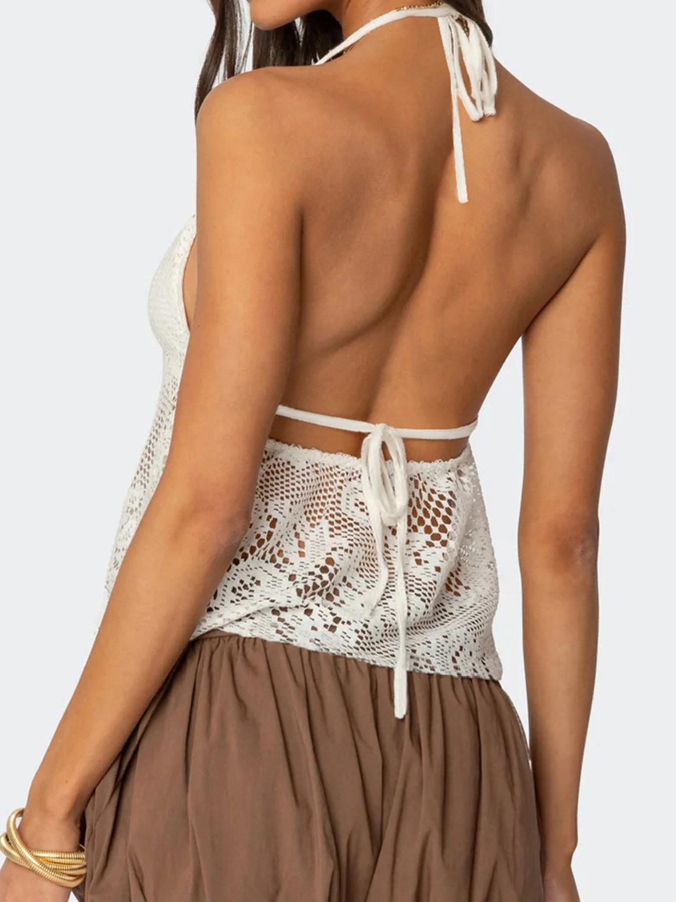 Women's Solid Hollow Out Halter Neck Top, Casual Basic Sleeveless Fitted Crochet Top for Beach Holiday Vacation, Ladies Clothes for Summer, Womenswear, Bohemian Sleeveless Top, Breathable Sleeveless Top, Boho Sleeveless Top