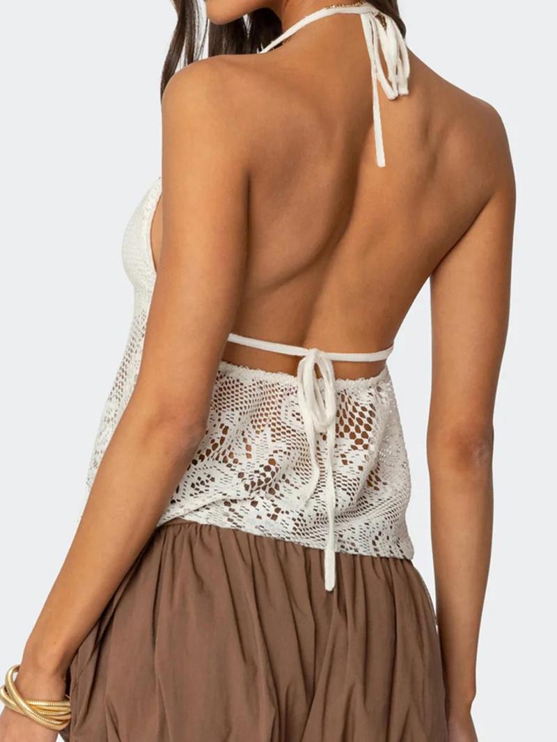 Women's Solid Hollow Out Halter Neck Top, Casual Basic Sleeveless Fitted Crochet Top for Beach Holiday Vacation, Ladies Clothes for Summer, Womenswear, Bohemian Sleeveless Top, Breathable Sleeveless Top, Boho Sleeveless Top
