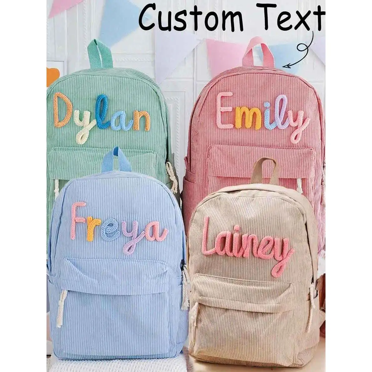 1pc personalized corduroy backpack for men and women, custom hand-embroidered letters, colorful fabric backpack