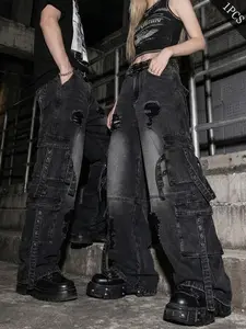 Unisex Punk Style Denim Long Pants, Ripped Workwear Jeans for All Seasons, Trendy Fashion for Men and Women, Perfect for Everyday Wear
