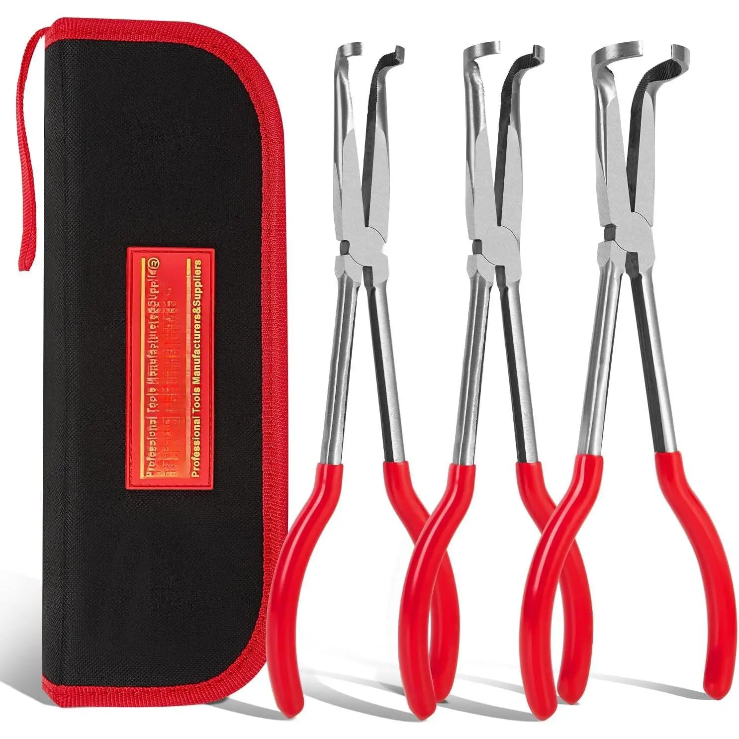 3 count 11" Hose Gripper Plier Set, 5/16-Inch, 1/2-Inch, 3/4-Inch Dia, Offset Spark Plug Boot Removal Pliers Serrated  For  Plug Electrical Connectors Hard to  Narrow Spaces