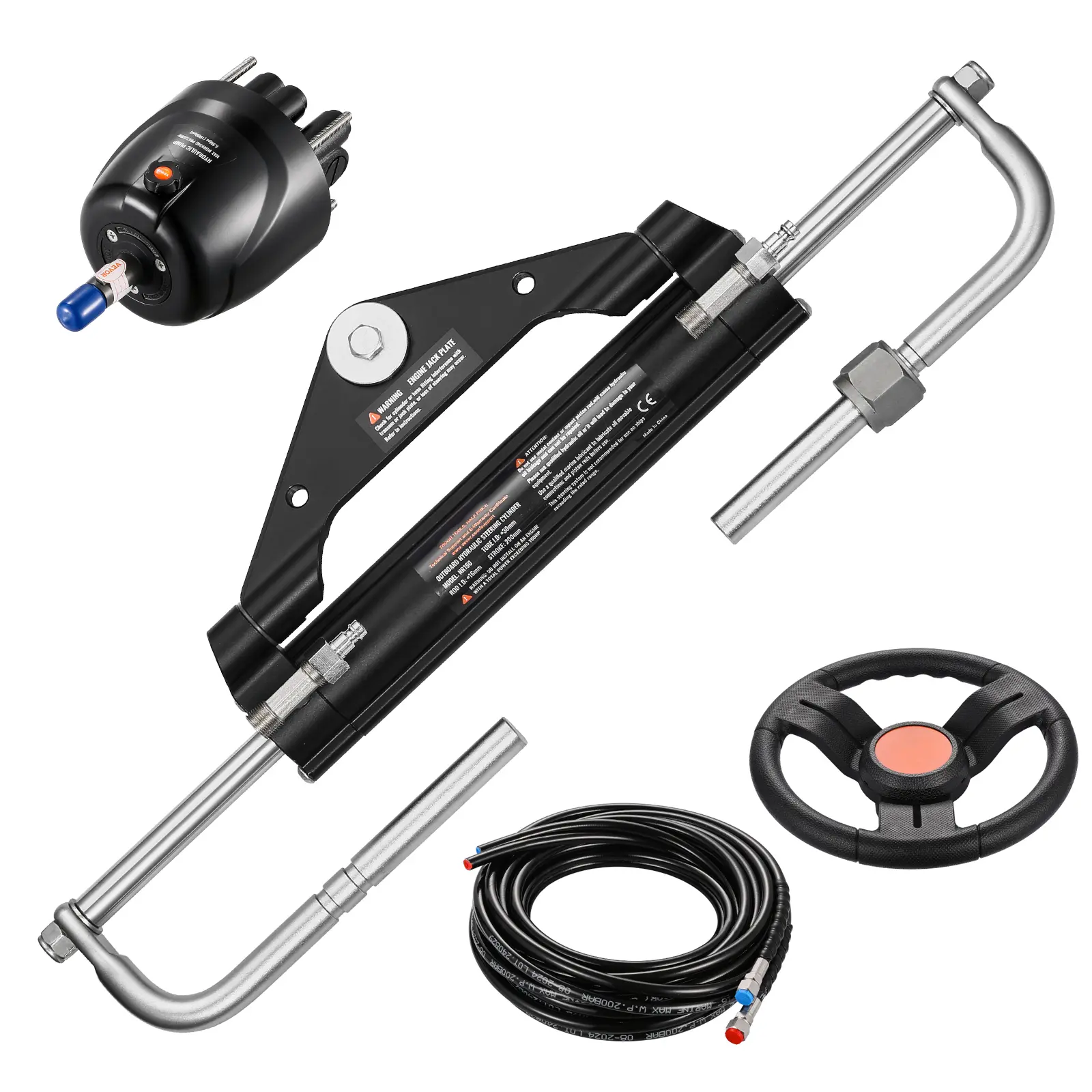 150HP Hydraulic Outboard Steering Kit, Marine Boat Hydraulic Steering System with 13.5-inch Steering Wheel, Helm Pump, Hydraulic Cylinder & 2PCS 26FT Hoses for Single Station Single-Engine Boats