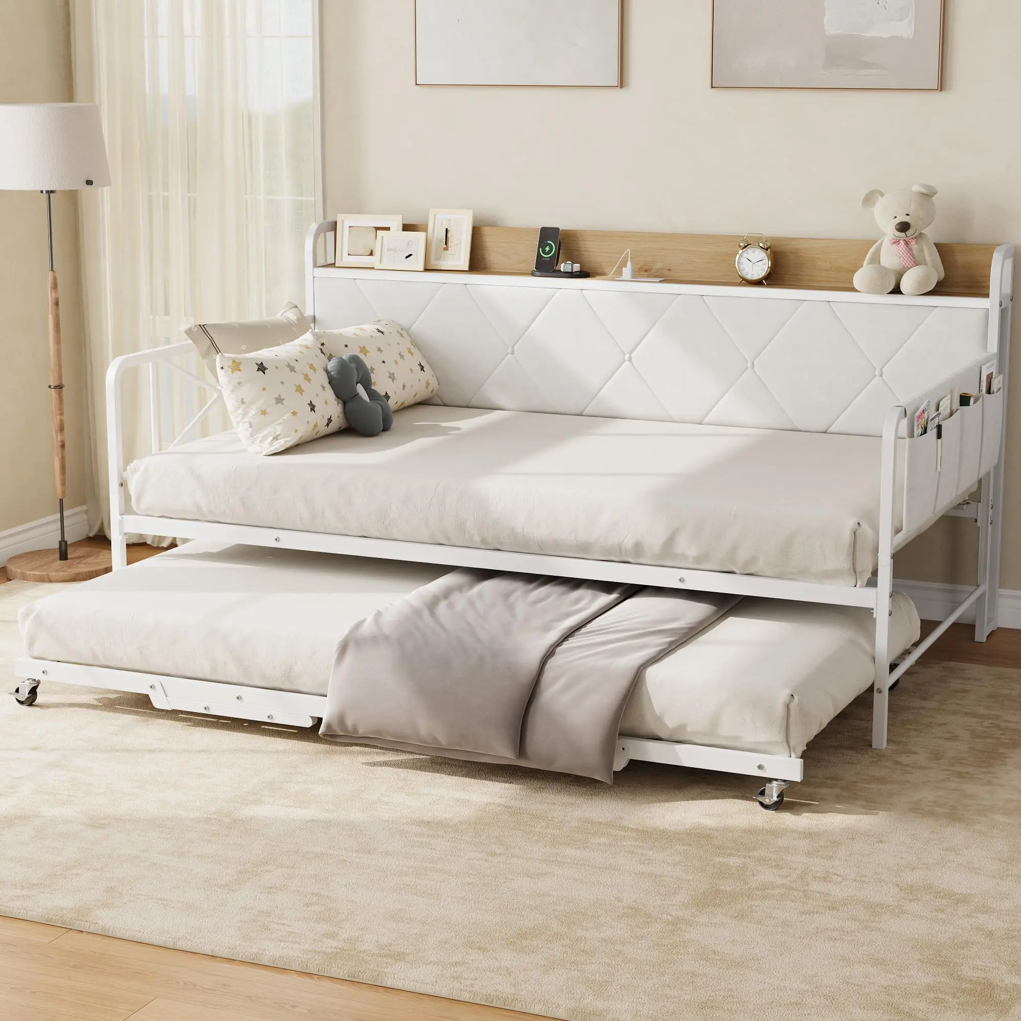 LED Light & Charging Station Twin Daybed Set – Upholstered Headboard – Metal Frame Sofa Bed – Complete Bedroom Furniture – Guest or Living Room – White