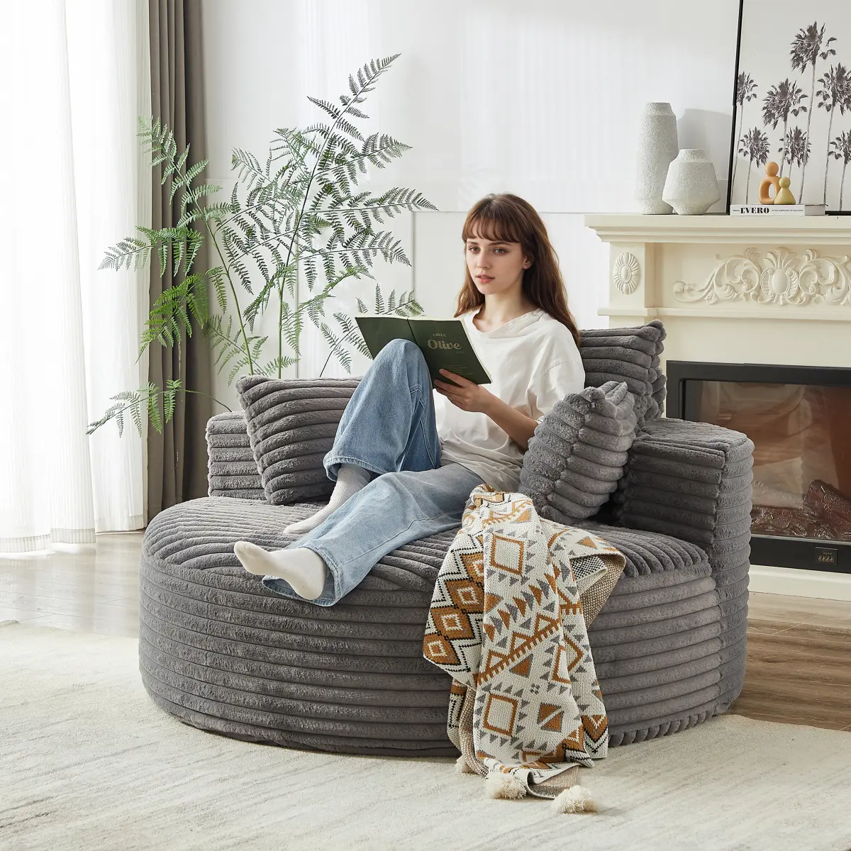 Oversized Round Chaise Longue Chair Indoor, Modern 55 inch Upholstered Corduroy Deep Seat Circle Single Cloud Lounge Floor Sofa Chair for Living Room Bedroom Apartment, Grey