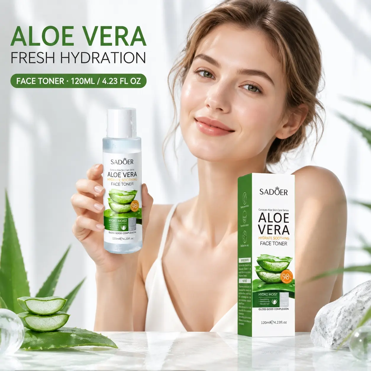 SADOER Aloe Vera Face Toner 120ml / 4.23 fl oz, Hydrating Soothing Facial Toner with Aloe Barbadensis Extract, Glycerin and Allantoin, Lightweight Refreshing Daily Face Care, 1 Bottle with Retail Box