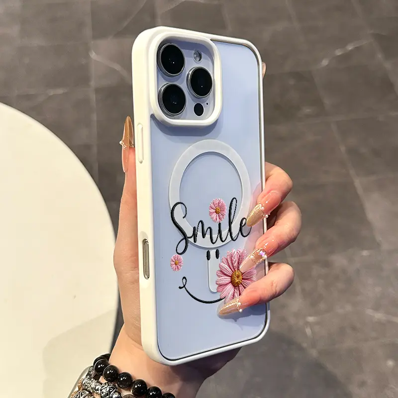 Magnetic Compatible Case for iPhone 17 16 E Pro Max 15 Plus 14 13 12 11 XS XR, Kawaii Smile Daisy Stitch Pattern | Lightweight, Shockproof, Silicone, Aesthetic, and Scratch Resistant