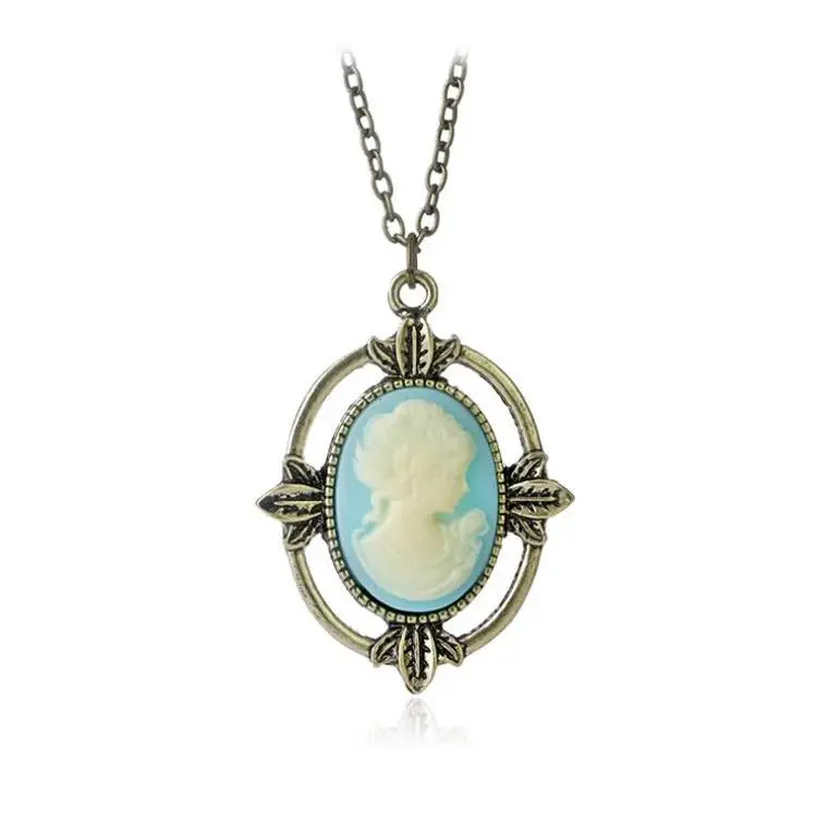 New Vintage Style Bronze Light Blue Cameo Necklace The Vampire Diaries Katherine Beauty Head Pendant Necklace for Women