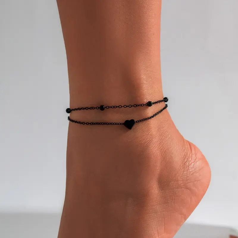 2Pcs Summer Black Heart Beaded Layered Anklet, Foot Jewelry, Trendy Beach Accessories for Women, Trendy Fashionable Accessories