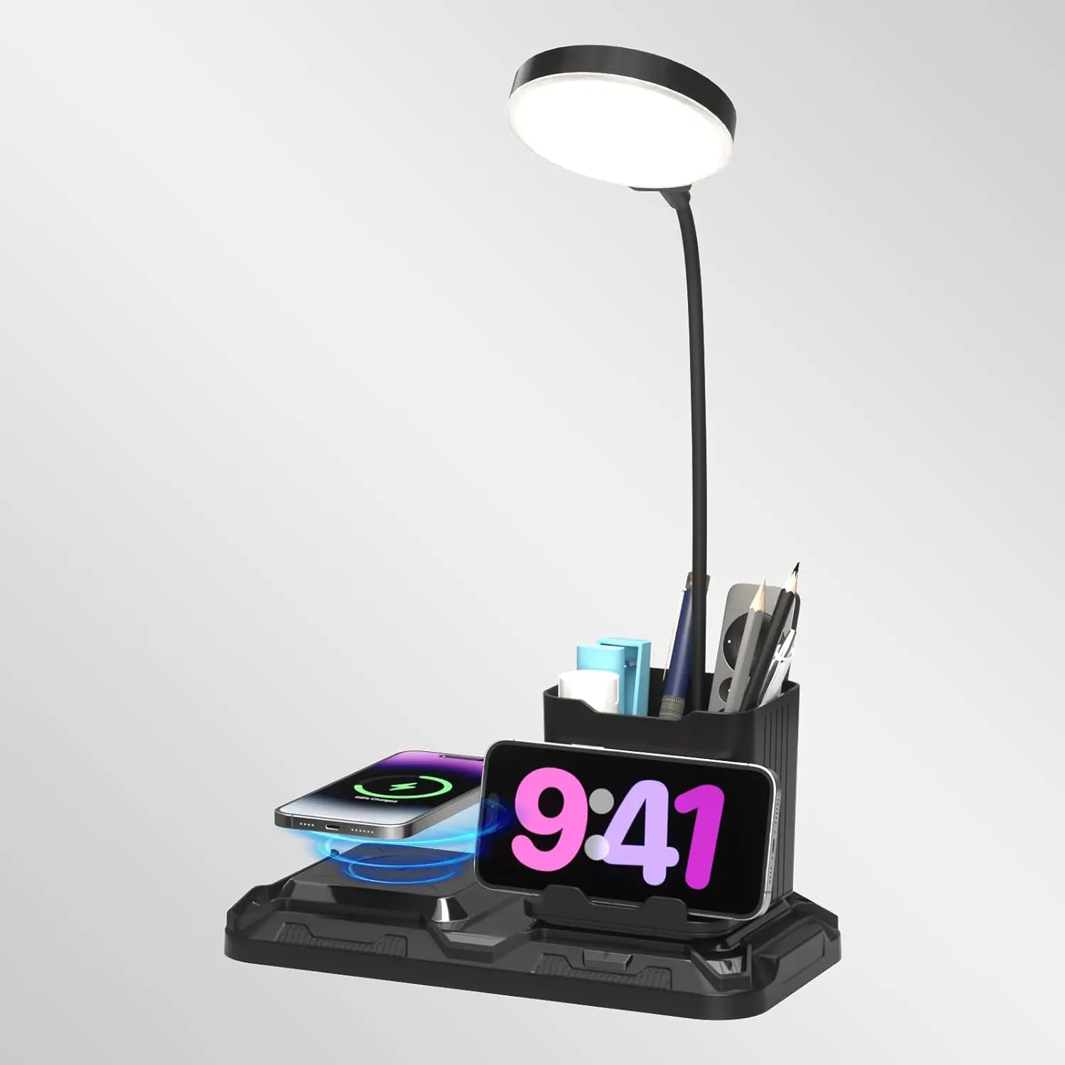 Energy Efficient Multifunctional Desk Lamp (ABS Plastic), 4-in-1 LED Lamp with Wireless Charger, 360° Rotating Gooseneck Arm, Pen Holder, Phone Stand & Dual Mode Adjustable White-Warm Light for College Dorms