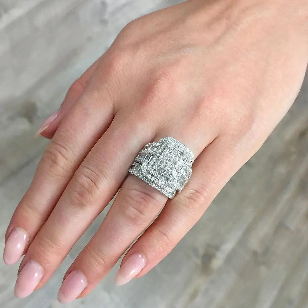 Women's Luxury Bold Stackable Wedding Ring Set, Silver-Tone Bridal Band Set with Square Baguette, Round Cut Zircons & Full Paved Shiny Accents, Oversized Bling Statement Hand Jewelry for Wedding Banquet Gifts, Wedding Ring Sets