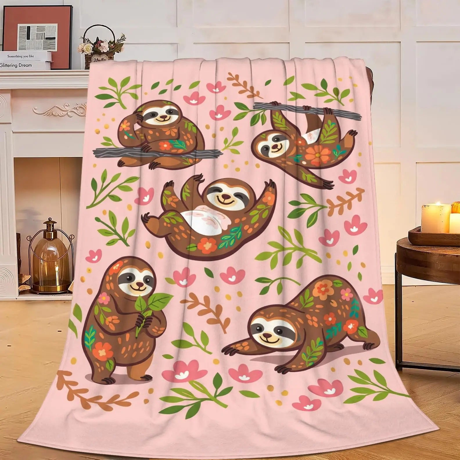 1PC Pink Background Cartoon Sloth Floral All Over Print Flannel Blanket, Multi-pose Hand Drawn Sloth Green Leaf Flower Soft Throw Blanket, Lazy Animal Lover Nap Cover For Sofa Office, All Season Fresh Pastel Aesthetic Decor Bed Throw