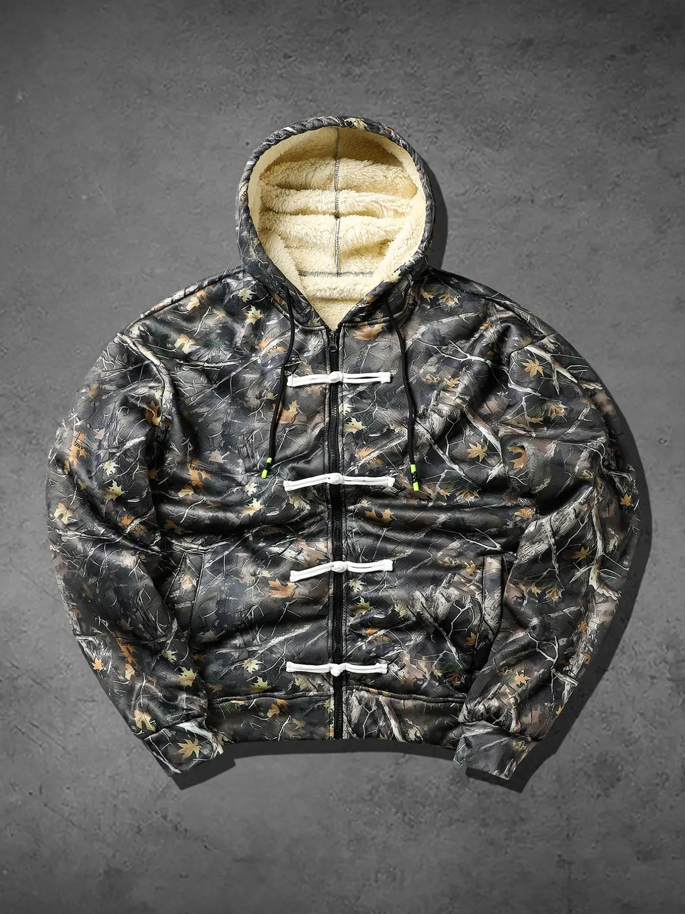 Men's Autumn Winter Tree Pattern Fleece Lined Hooded Jacket, Warm Inner Button Front Coat, New Chinese Style Outdoor Wear