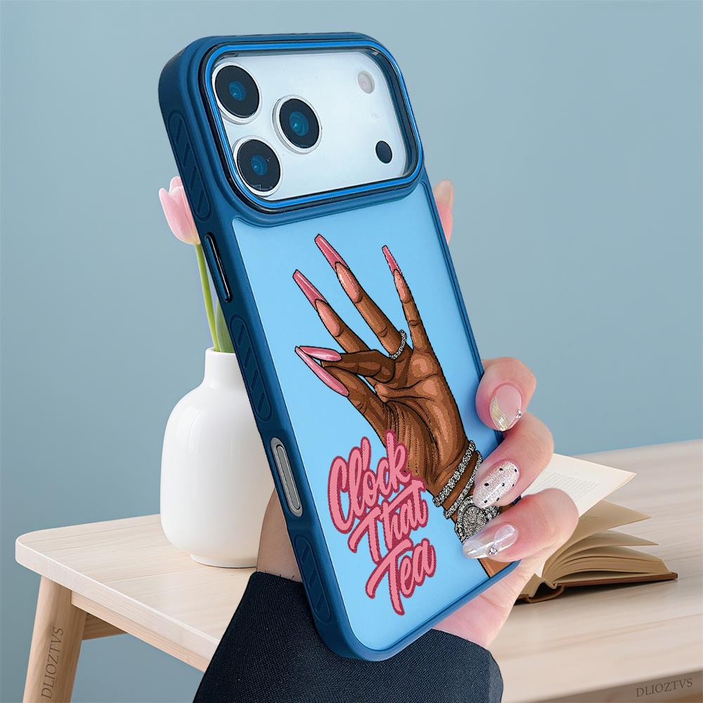 Fashion Hand and Clock That Tea Text Pattern Phone Case for iPhone 17 Pro Max 17Air 16 Plus 16e 15 14 13 12 11 Color Blocking Button and Camera Frame Design Shockproof Skin Feel Shell