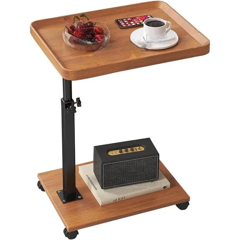 C Shape End Table Adjustable Height, 360°Swivel Side Table with Wheels, Wood and Metal TV Tray Table