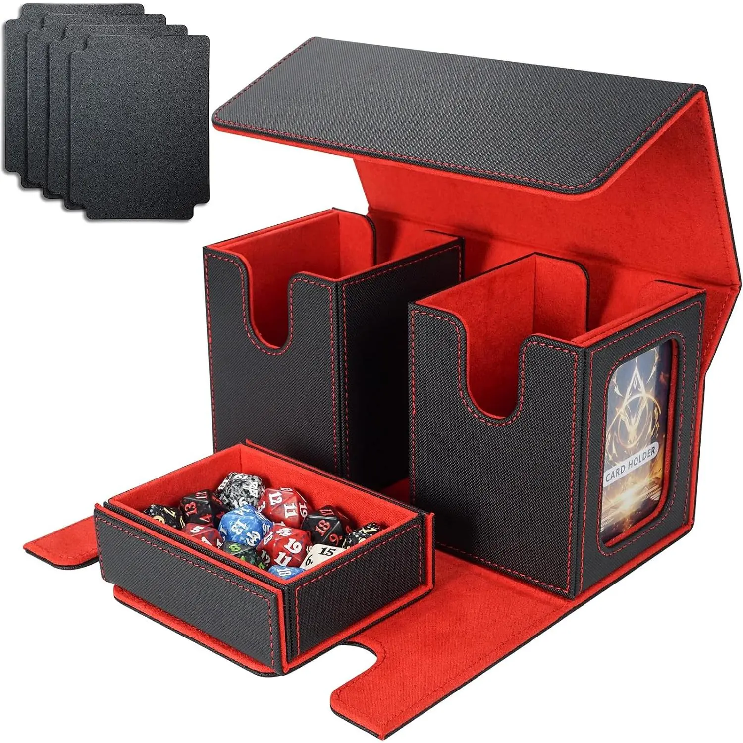 MTG Commander Display Deck Box - Holds 200 Double-Sleeved Cards, 3-in-1 Card Case with Strong Magnet, Organizer for Magic TCG CCG, Includes 4 Dividers & 2 Toploaders, Black/Red