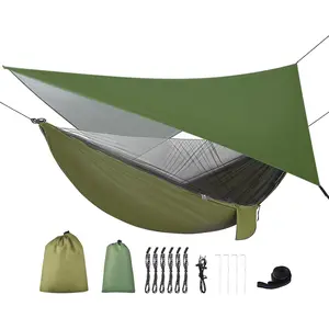 Camping Hammock with Rain Fly Tarp and Mosquito Net Tent Tree Straps, Portable Single Double Nylon Parachute Hammock Rainfly Set for Backpacking Hiking Travel Yard Outdoor Activities Green