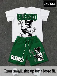 Large Size Men's Blessed Bible Cross Retro Graphic Print Two-Piece Set, Loose Fit Soft Fabric, Slimming Comfortable, Street Style Summer Casual, 2xl-6xl