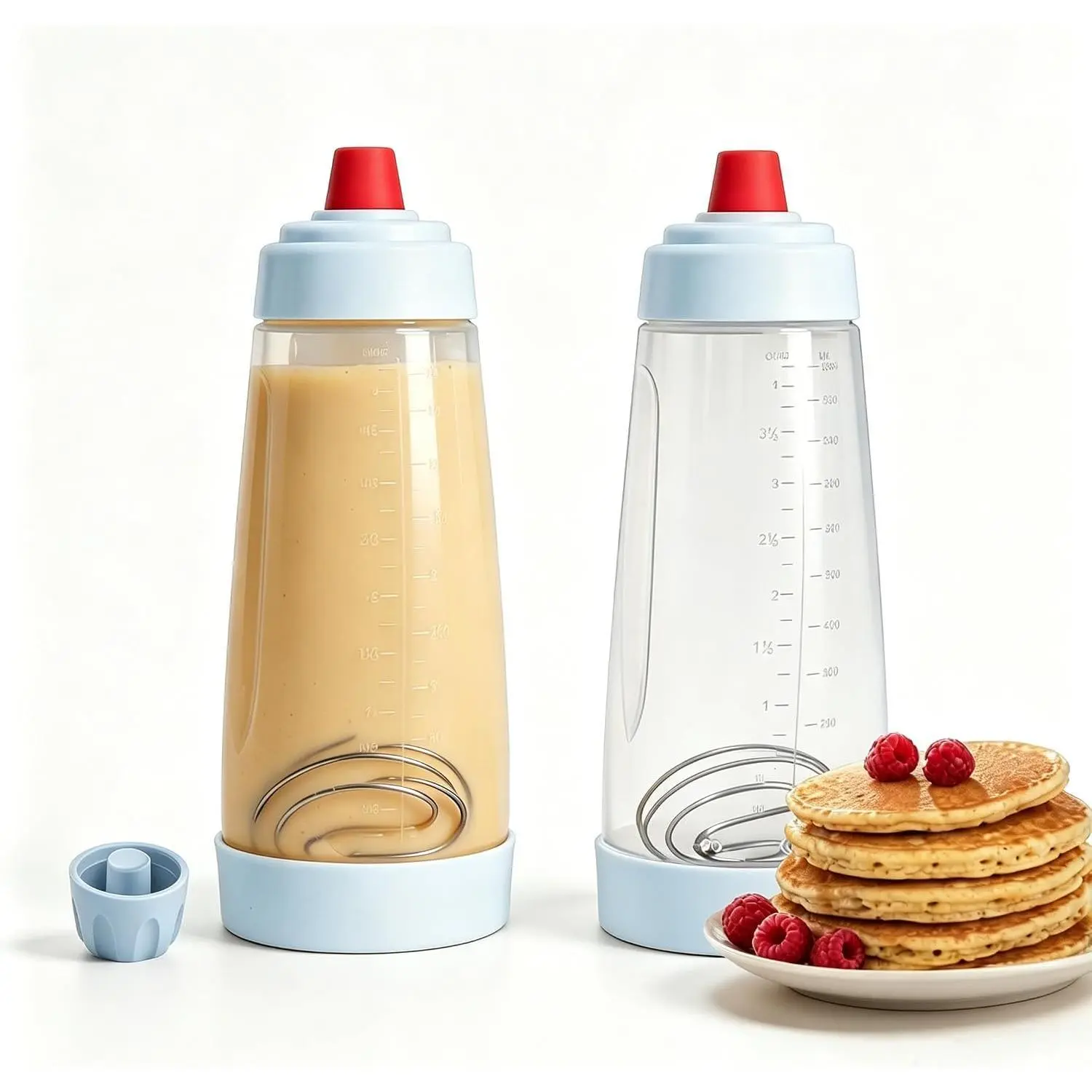 2 Pack Pancake Batter Dispenser Bottle, 1000ml Squeeze Mixer with Whisk Ball & No-Drip Silicone Tip, BPA-Free Leakproof Design for Pancakes, Waffles, Crepes & Muffins, Kitchen Baking Essential