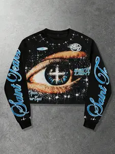 Starlight Eyes Double Sleeve Large Letter Print Long-Sleeve T-Shirt, Cross Pupil Holy Eye Pattern Short Casual Top, Unisex Black Loose Crew Neck, Everyday Street Style, Cyber ​​Style, Trendy and Versatile, Y2K