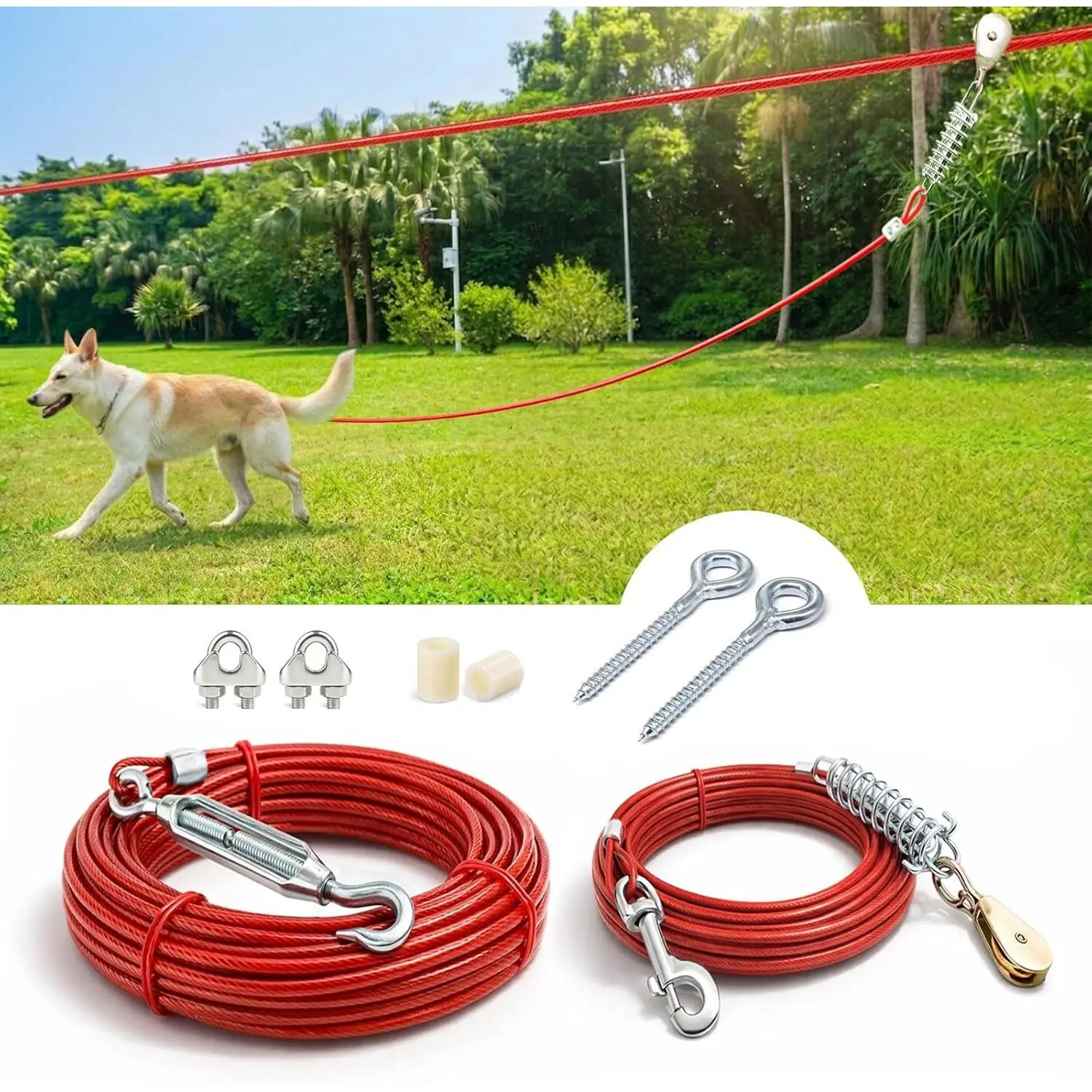 Heavy Duty Aerial  Tie Out Trolley System for Small to Large Dogs - Run  100ft /75ft Zipline with 15ft Runner   for Yard (100 ft for   up to 250 lbs)