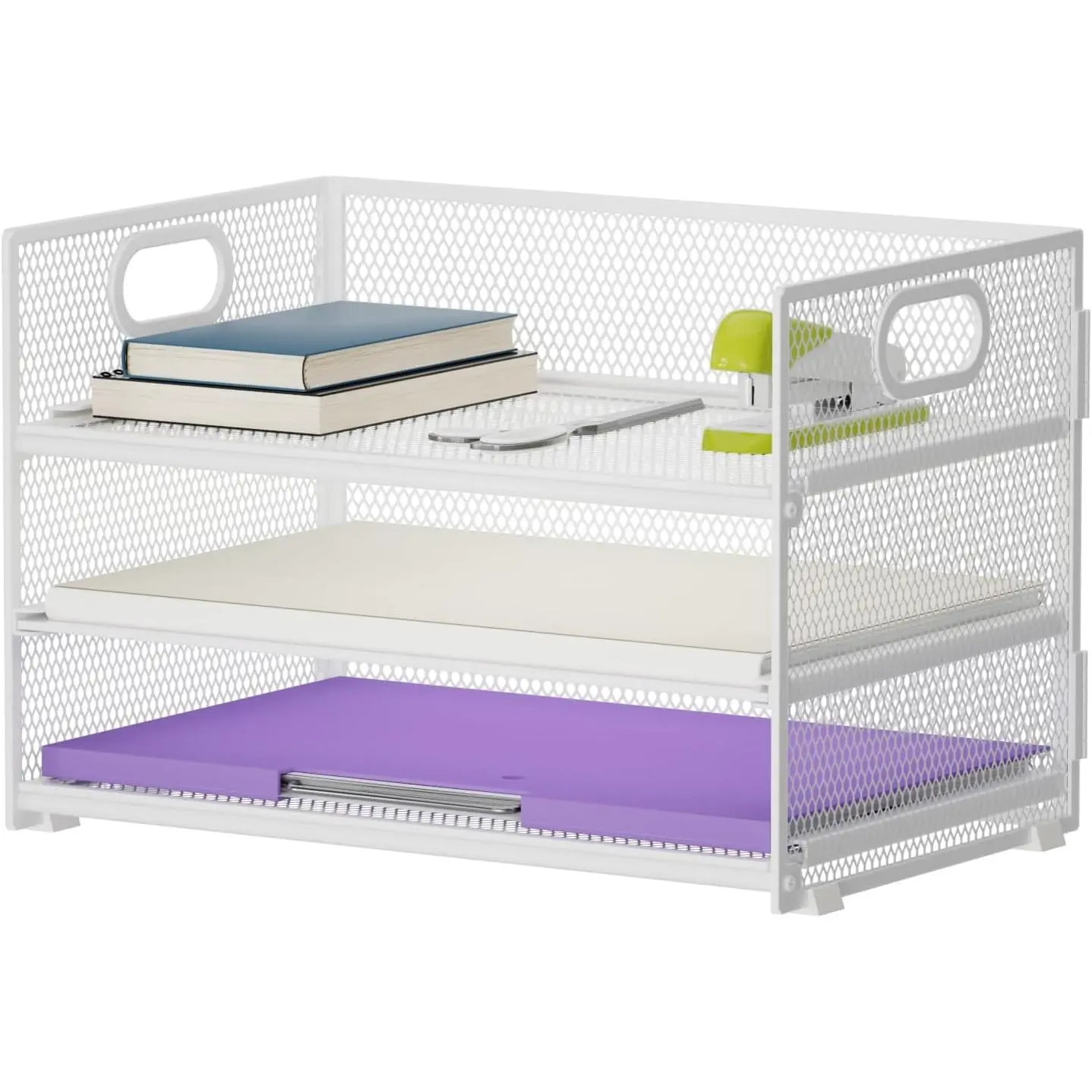 3-Tier Mesh Paper Organizer Letter Tray with Handle, File Sorter Desk Organizer for Home Office, White
