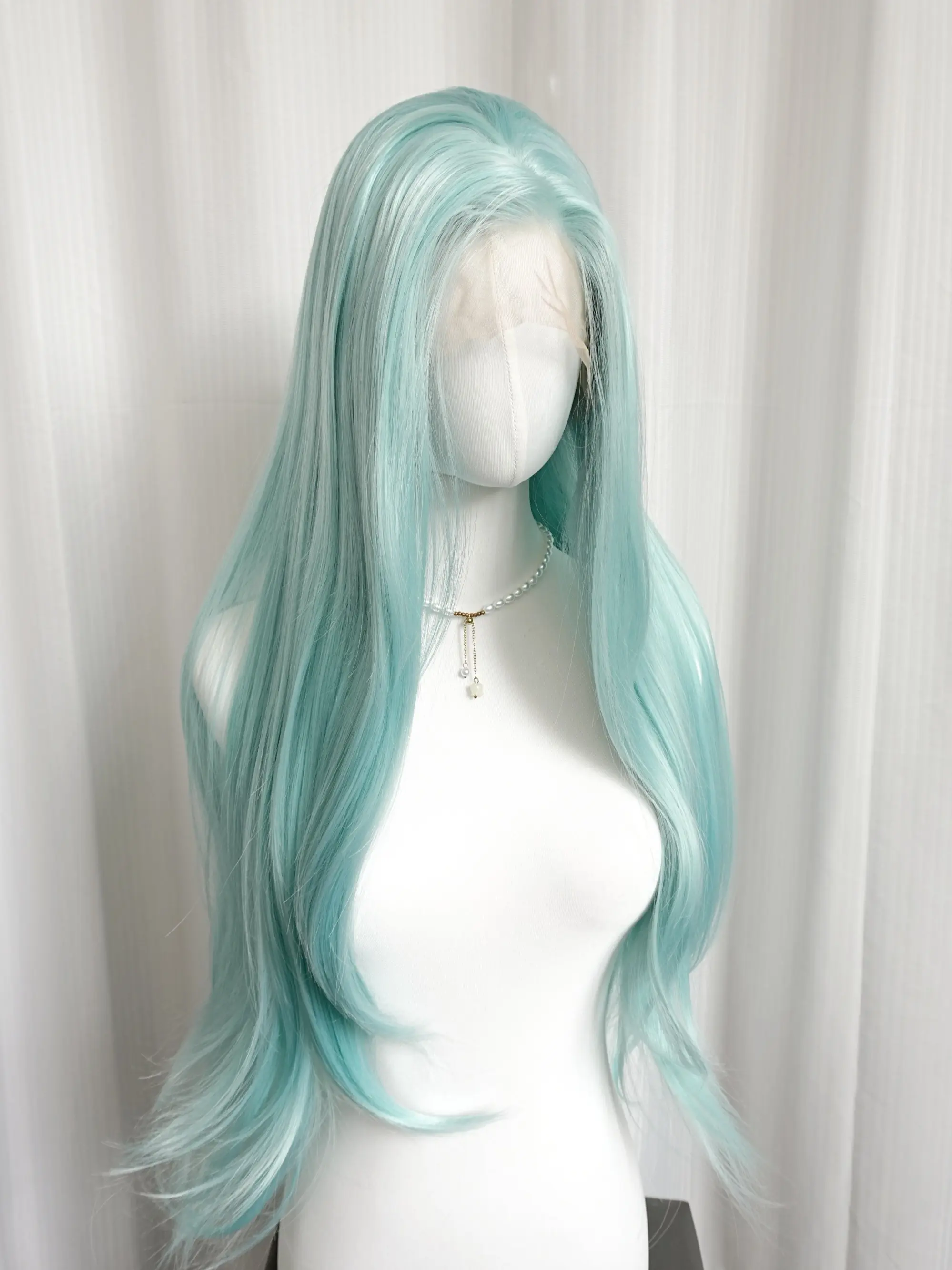 Mint Green Long Straight Synthetic Wig for Women, 13x4 High-Definition Lace, Free Part Natural Hairline, 26 Inches, Casual and Cosplay Use
