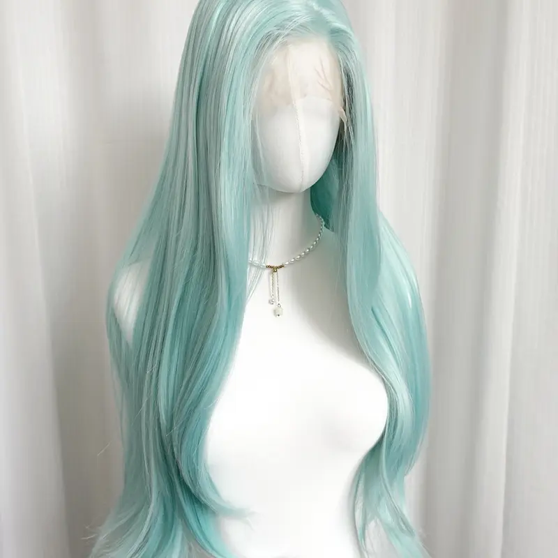 Mint Green Long Straight for Women, Synthetic Hair Wigs, 13x4 High-Definition Lace, Free Part Natural Hairline, 26 Inches, Casual and Cosplay Use