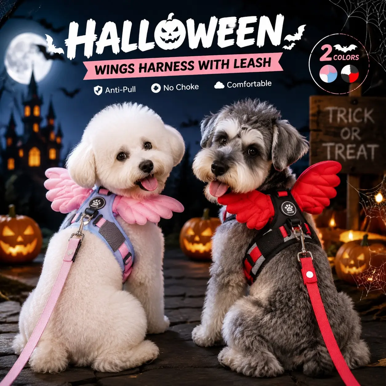Halloween Dog Harness Vest with Leash, Angel & Devil Wings Design (Blue Angel / Black Devil), Anti-Pull No-Choke Chest Strap for Small Medium Dogs, Reflective Adjustable Pet Costume, Soft Breathable Walking Harness, TikTok Viral Pet Outfit