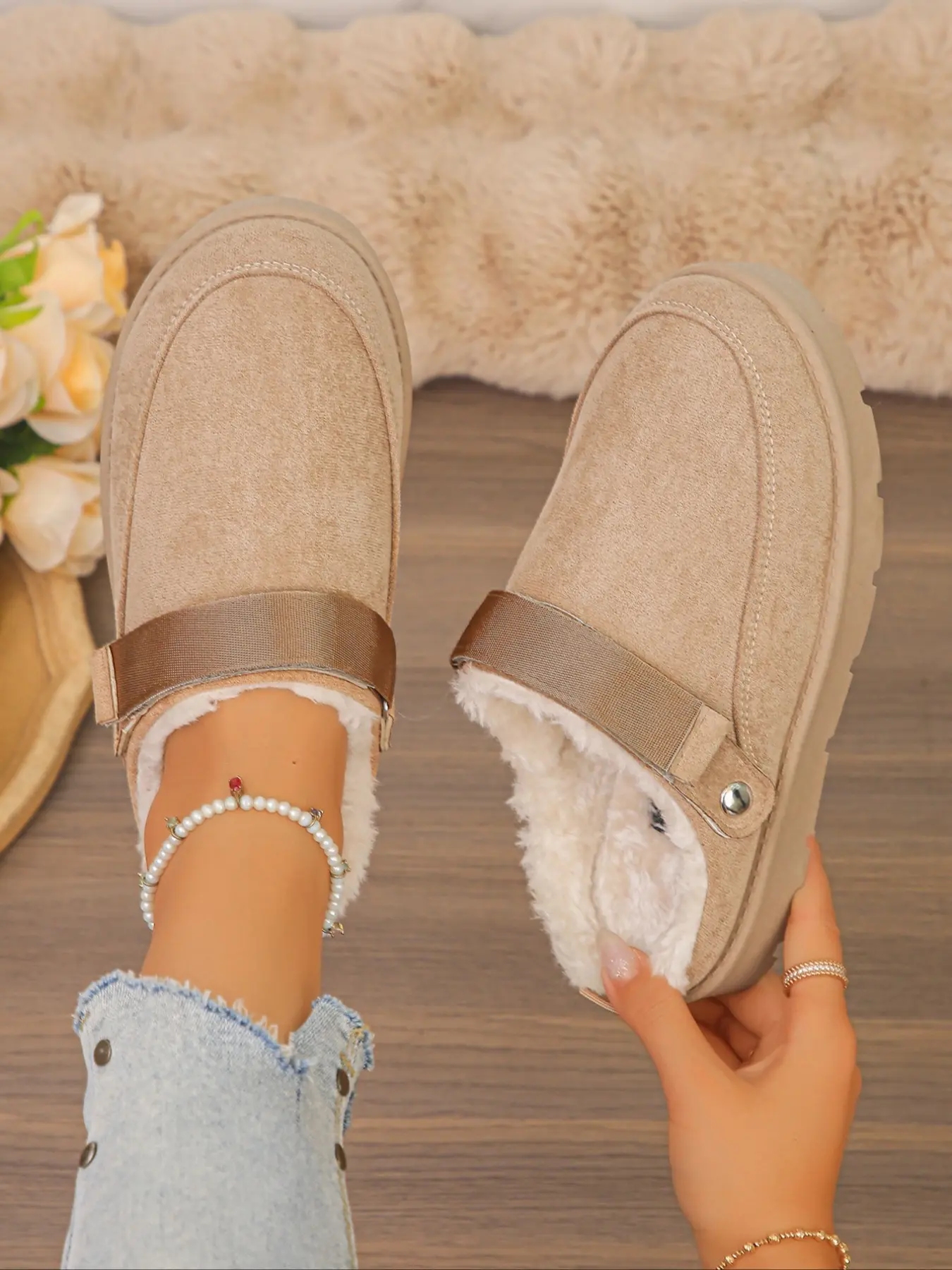 Women Winter Fleece Lined Mule Slippers,Adjustable Strap Thick Sole Warm Fur Clogs,Street Campus Home Outdoor Casual Shoes,Snug Fit Slipper
