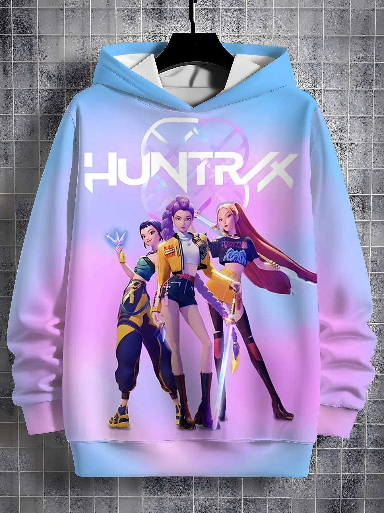 Gradient Blue Sweatshirt, Pop Girls Sci-Fi Full Print Hoodie, Long Sleeve Casual Top, Fall & Winter Fashion