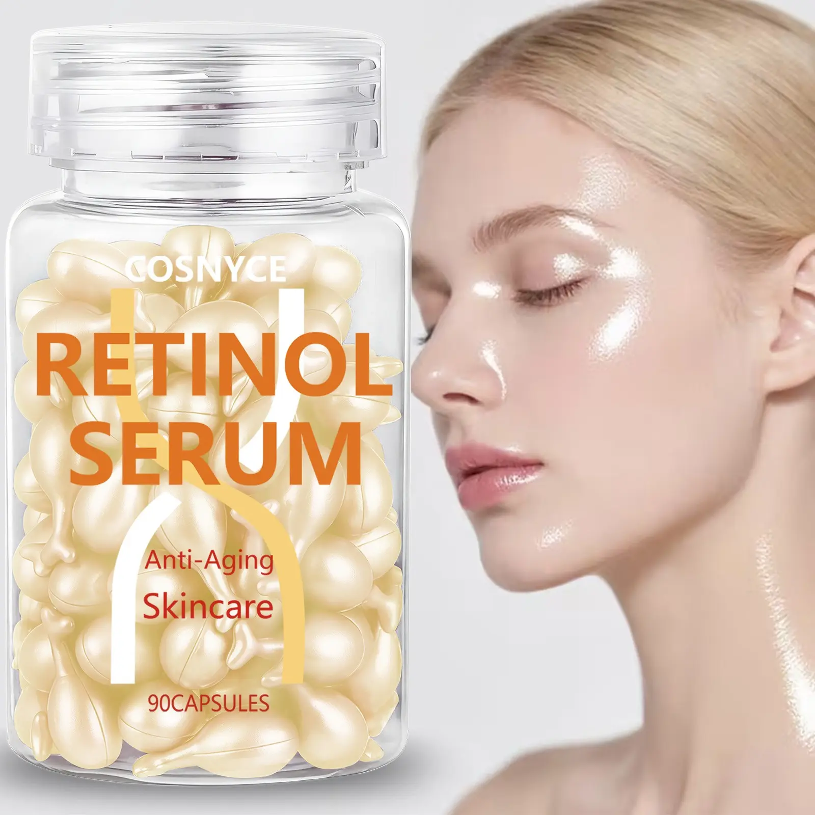 90 Capsules Facial Essence, Deep Hydration, Contains Retinol, Alcohol-Free Anti Aging Formula, Suitable for All Skin Types, Liquid Form