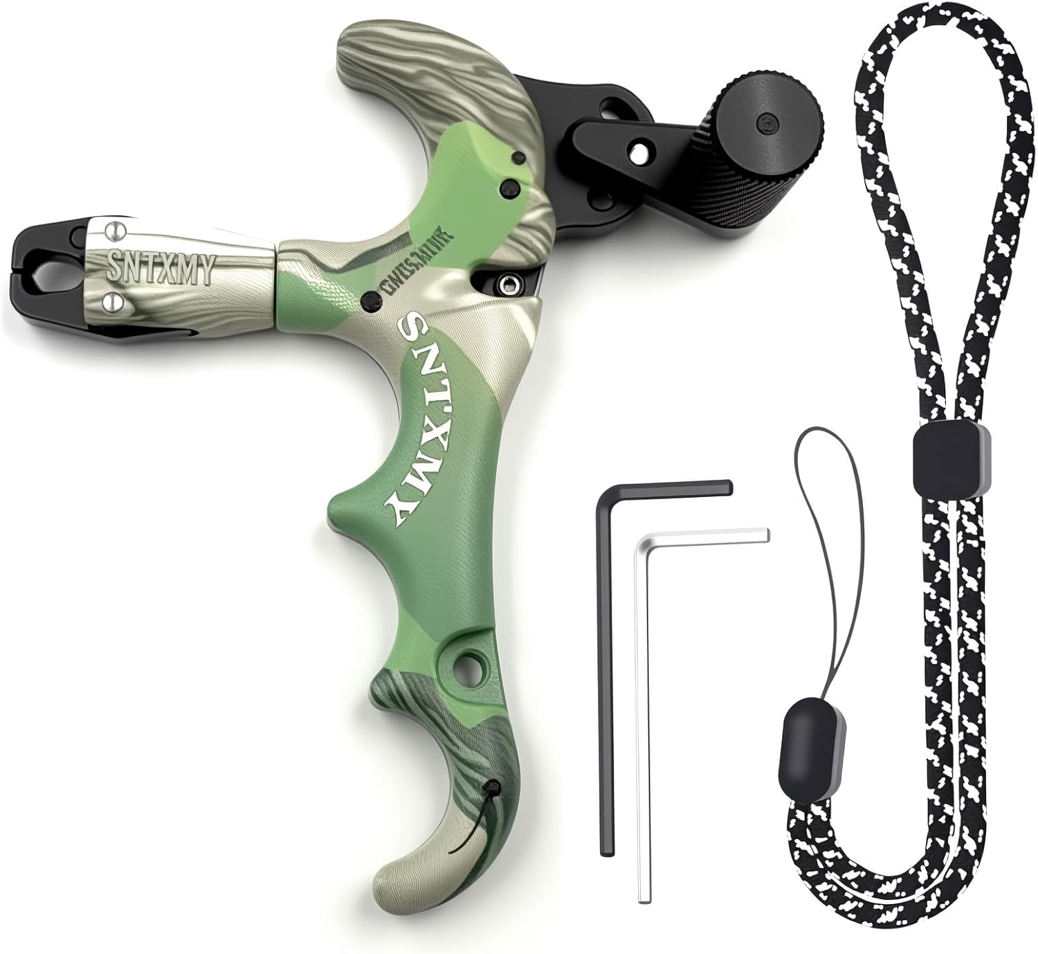 Camouflage 4-Finger Compound Bow Release Aid 360 °   Rotating Auto-Close Jaw Aluminum Head Adjustable Trigger Sensitivity Smooth Release for Hunting Archery Target Practice Outdoor Shooting Bow Accessories Must-Have Gear for Archers Improve Accuracy Consi