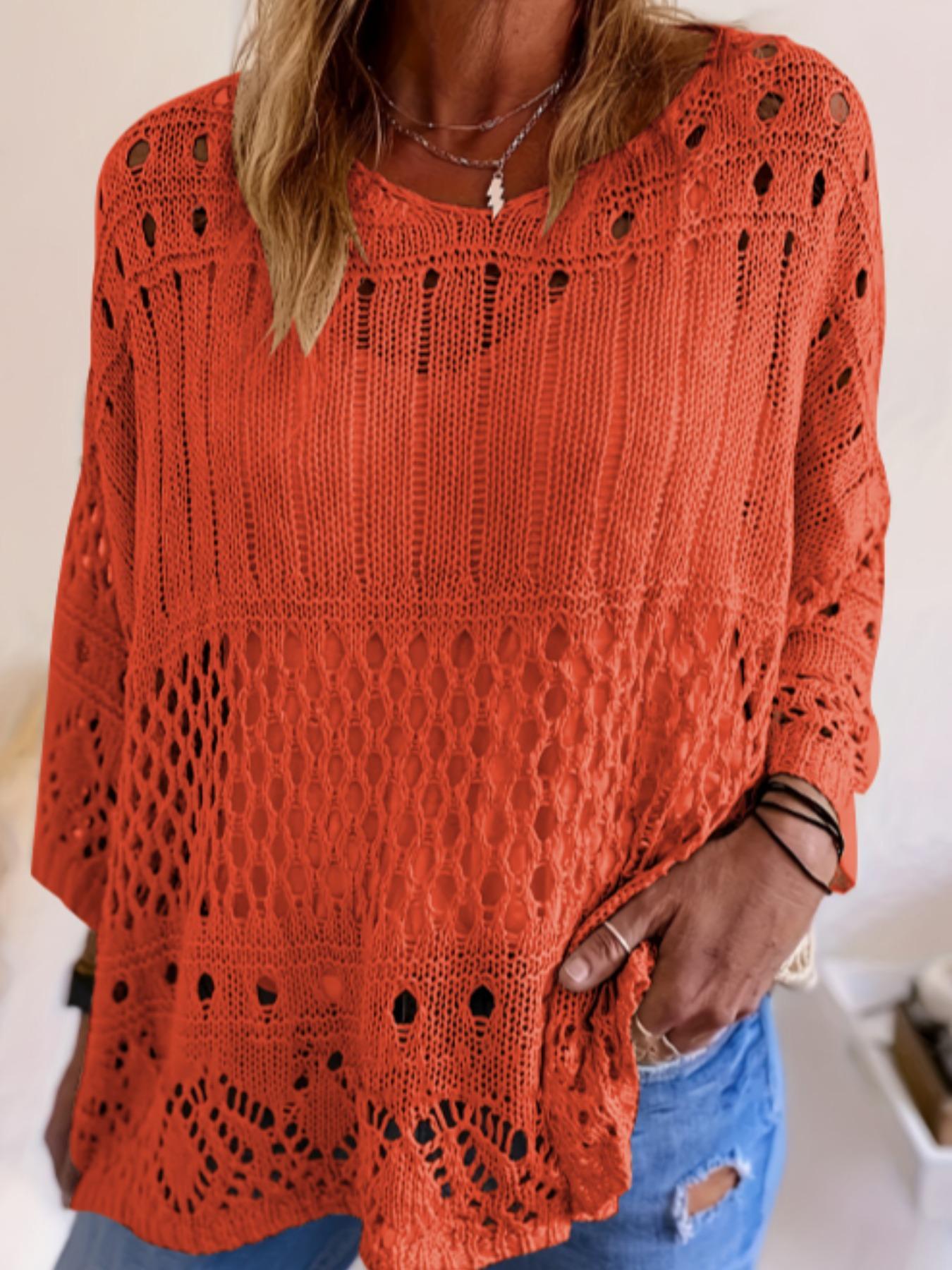 Women's Plus Size Fall Winter Hollow Out Round Neck Knit Top, Casual Elegant Vacation Style, Loose Batwing Shoulders, Long Sleeve Knitwear