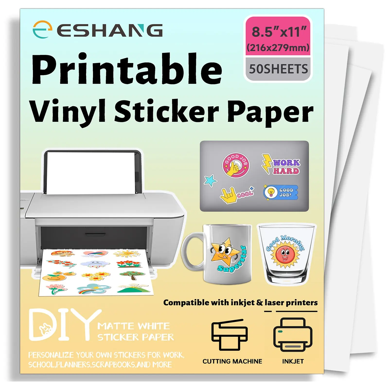 50 Sheets Printable Vinyl Stickers, 8.5 X 11 Inches, Matte Waterproof, Ideal for Inkjet & Laser Printers, Quick Dry, Cuttable