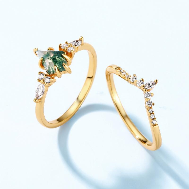 Tarnish Resistant S925 Sterling Silver Moss Agate Ring Chunky Gold Plated Women Vintage Statement Ring Elegant Green Moss Stone Jewelry Gift