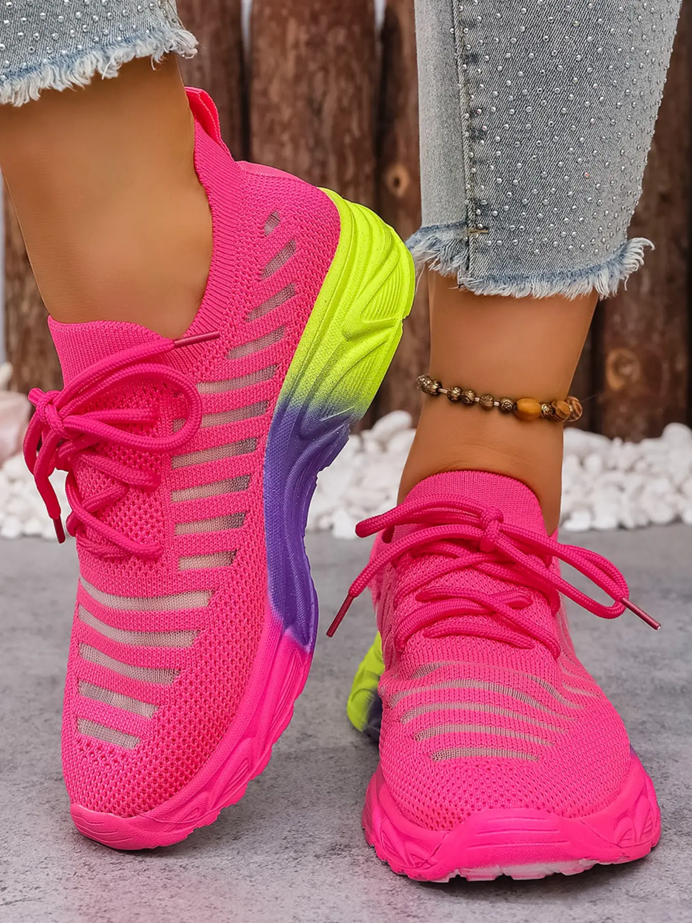 Women's Gradient Sole Flyknit Sneakers, Breathable Mesh Sport Shoes, Lace-Up Thick Sole, Lightweight Soft Anti-Slip, Outdoor Fitness Casual