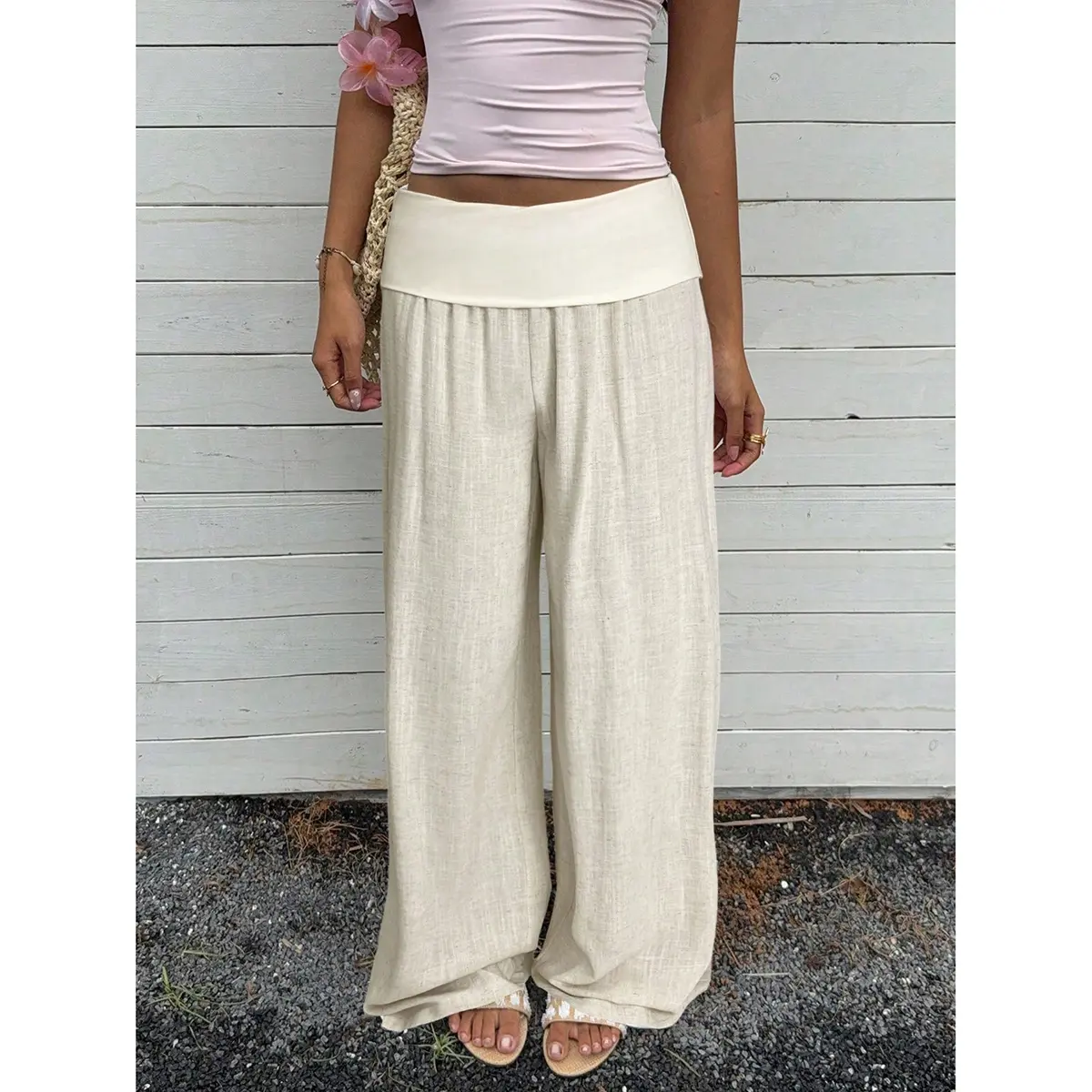 Women's Low Waisted Pants Solid Color Wide Leg Loose Fit Trousers Women Comfortable Casual Daily Wear