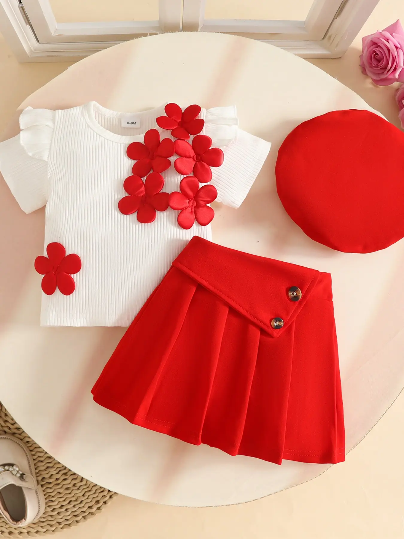 3-Piece Fashion Set for Baby Girls, Cute Solid Pattern Slim-Fit, Includes Short Sleeve Top, Skirt, Beret Hat, Ages 0-3 Years