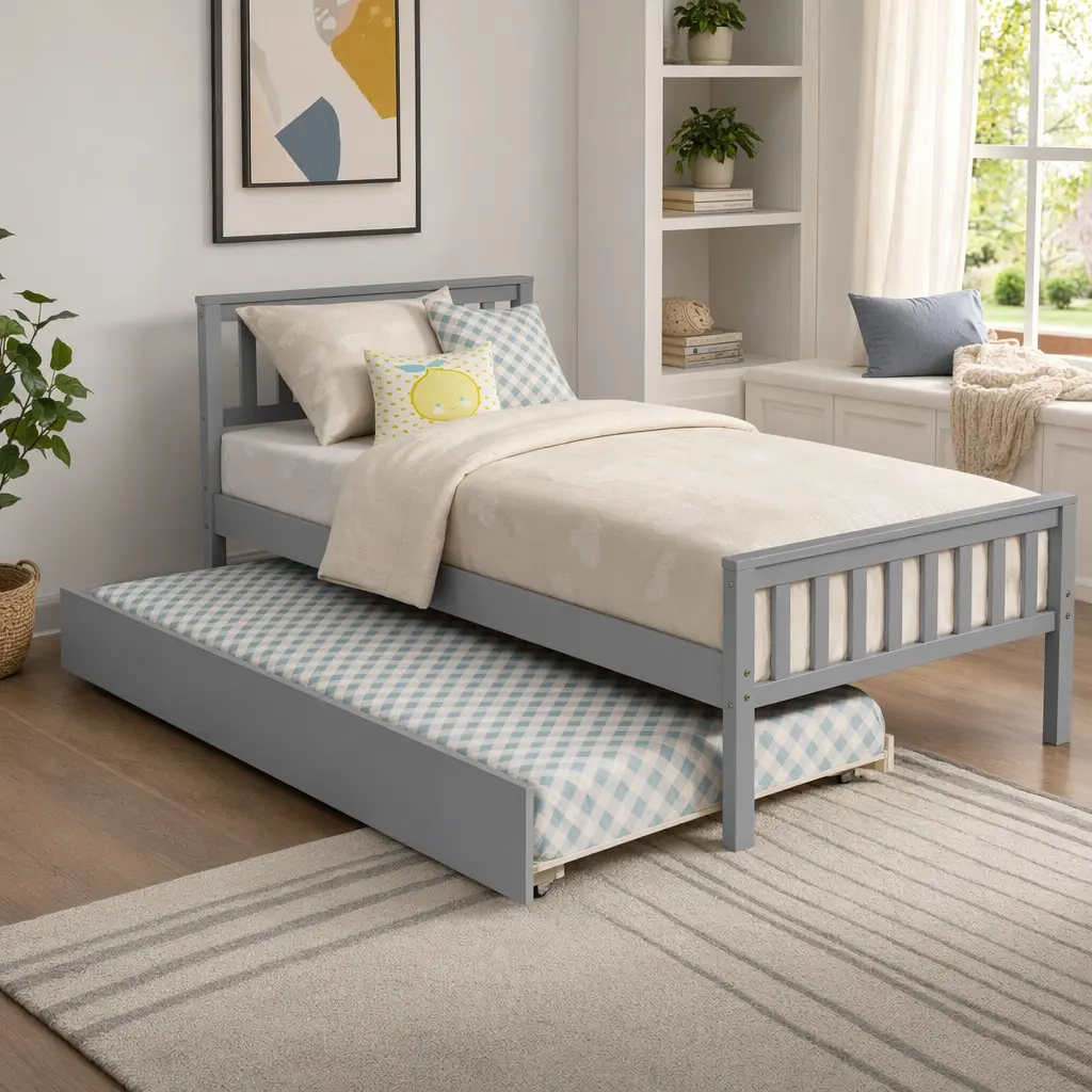 Minimalist Nordic Twin Bed Frame with Trundle - Pine Wood Construction, Headboard, Footboard, No Box Spring Needed, Grey, Space-Saving Design, Easy Assembly