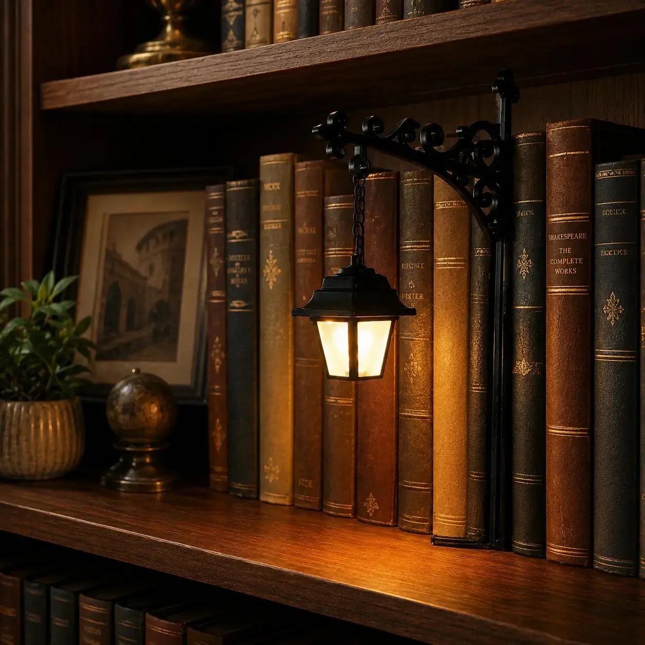 Vintage Library Lantern Bookshelf Lamp LED Hanging Shelf Light with Bookend Base Warm Decorative Reading Nook Light for Home Library Study Corner Bookworms Book Lovers Gift Halloween Decorations