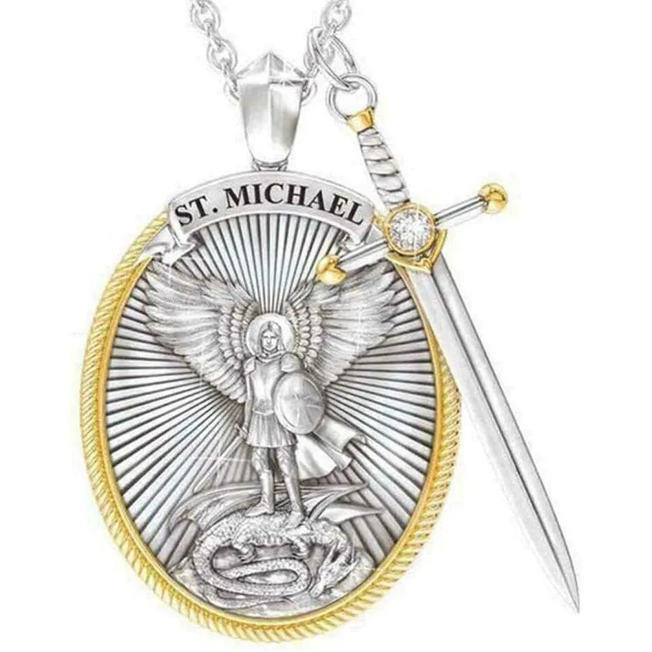 The Archangel Saint Michael/Oval Medal Necklace Protection Prayer Pendant Necklace Seal Solid with A Sword Pendant Necklace -1PCS