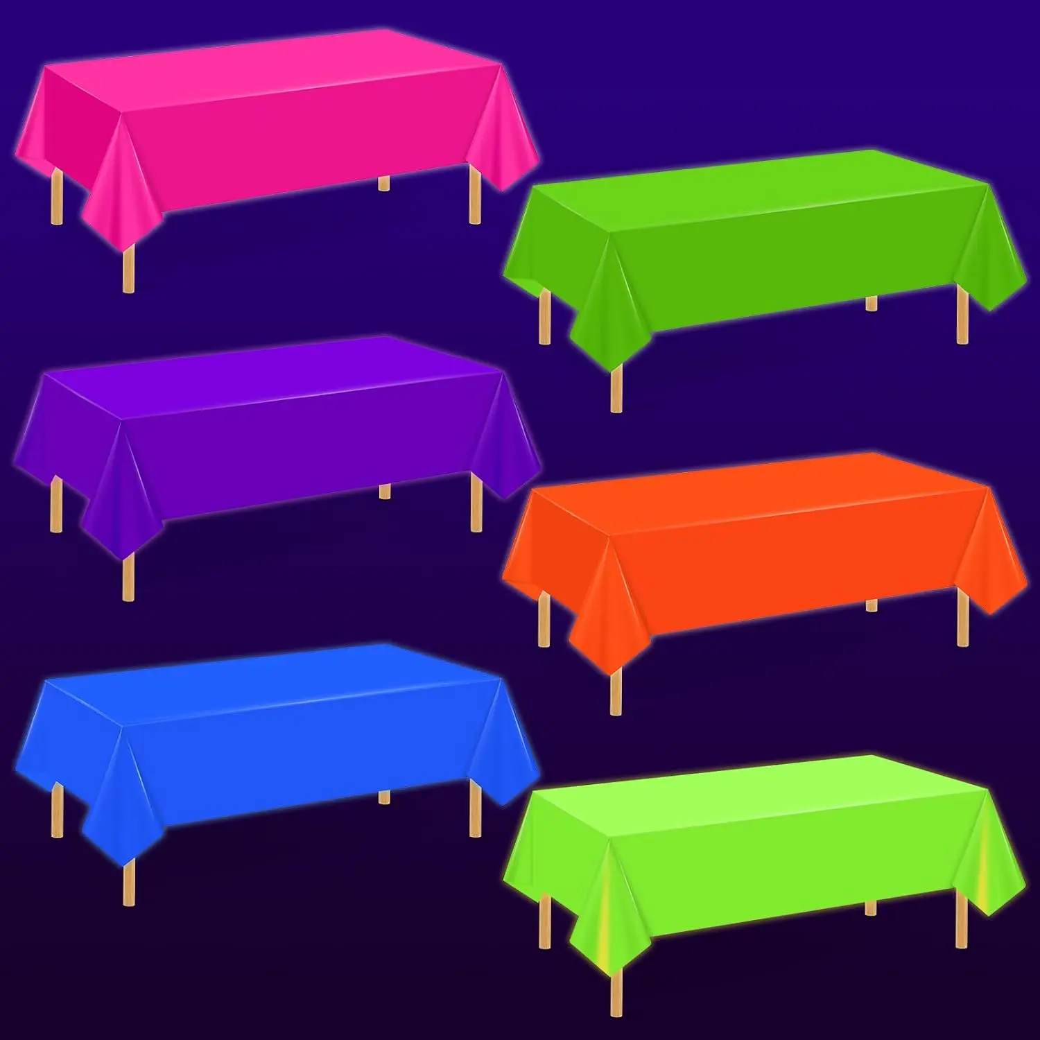 mwellewm 6 Pcs Neon Table Cloths Disposable Glow in The Dark Party Decorations Supplies Pink Orange Yellow Green Blue Purple Plastic Tablecloths Rectangular Table Cover 54x108 inch for Birthday