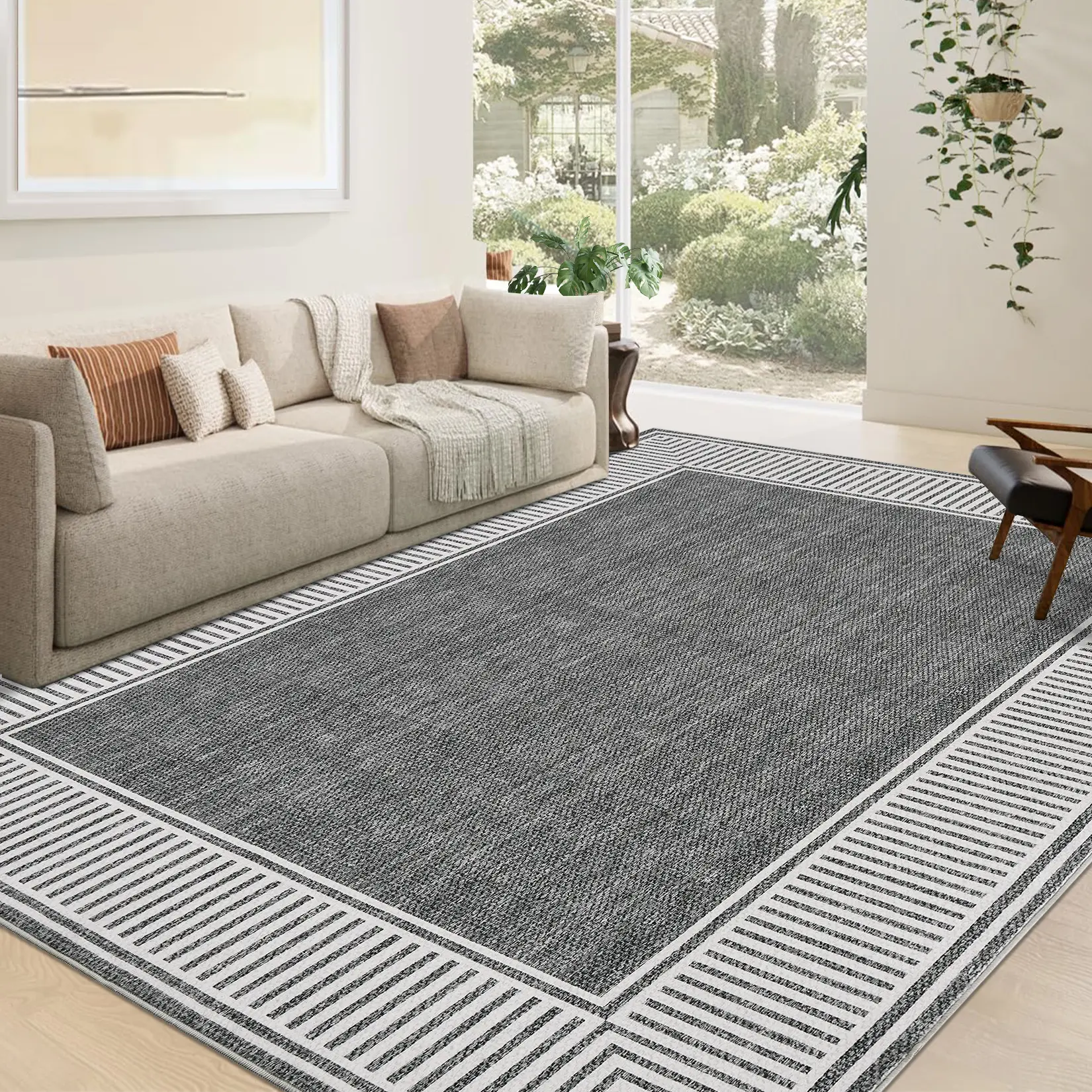 Modern Bordered Solid Color Area Rug, Ultra Thin Low-Pile Soft Non-Shedding Stain-Resistant Non-Slip Foldable Large Decor Rug for Living Room, Dining Room, Office and Bedroom